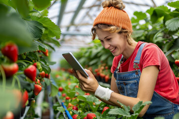 A woman joyfully inspects strawberry plants for research using a digital tablet in a farm greenhouse, a female scrutinizing strawberries in an agricultural setting