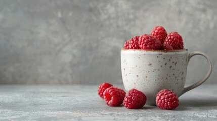 Ripe raspberries in a bowl on a gray background, juicy berries, vitamins.