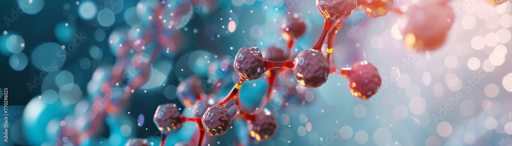 Poster an intricate molecular structure with hues of red and blue highlighted by soft bokeh lighting
