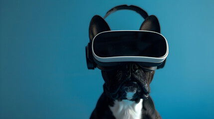 Pet dog wearing virtual reality (VR) goggles. Blue background. Space for copy.