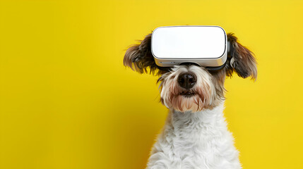 Pet dog - Terrier - wearing virtual reality (VR) goggles. Bright color background. Space for copy.