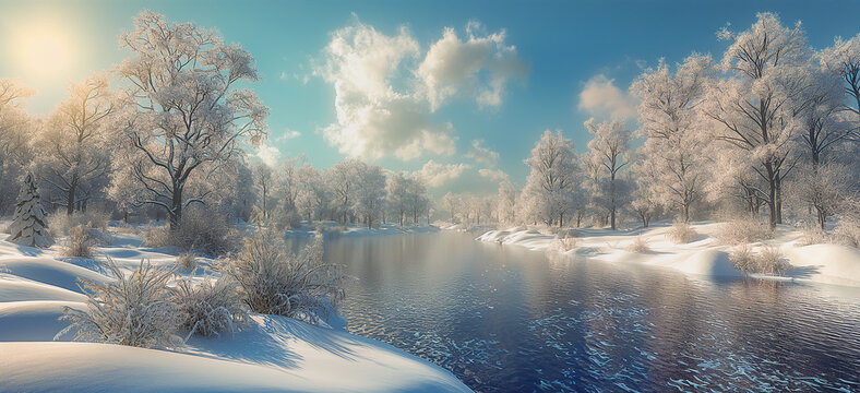 Snow-covered winter wonderlands background illustration. Image generated by AI