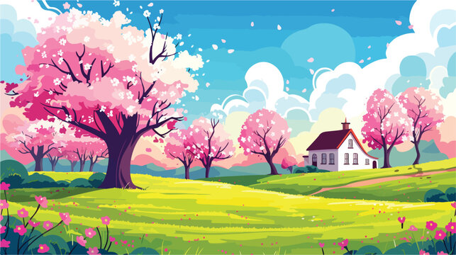 Vector landscape with cherry trees flower 