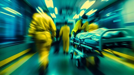 Blurred motion captures the intensity of medical professionals rushing a patient on a stretcher down a hospital corridor.