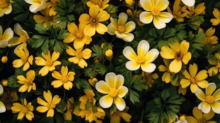 Background of a mix of delicate yellow adonis blossoms and fresh green leaves - obrazy, fototapety, plakaty