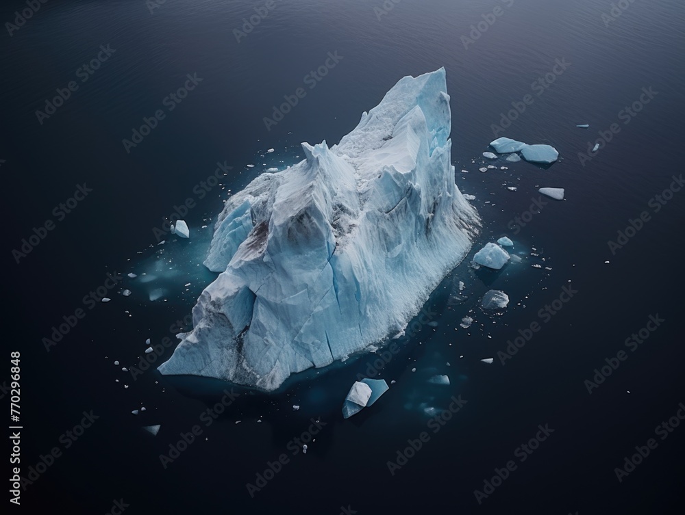 Poster a large ice block floating in the ocean. the ice is surrounded by water and has a few small pieces o