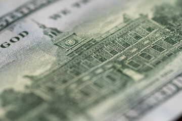 Close-up of Independence Hall on 100 dollars banknote back side. US hundred dollars money bill