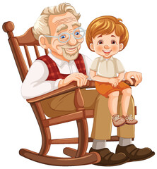 Elderly man and young boy smiling on rocking chair.