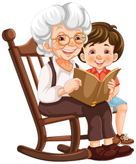 An elderly woman and child enjoying a book together