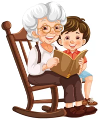 Tuinposter An elderly woman and child enjoying a book together © GraphicsRF