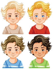 Four illustrated boys with different hairstyles and shirts.