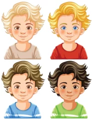 Papier Peint photo Enfants Four illustrated boys with different hairstyles and shirts.
