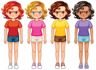 Four cartoon girls showing different facial expressions.