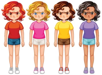 Photo sur Plexiglas Enfants Four cartoon girls showing different facial expressions.