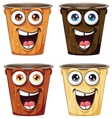 Four animated plant pots with cheerful expressions.