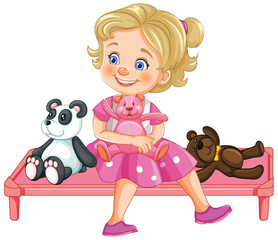 Smiling girl sitting with stuffed animal toys