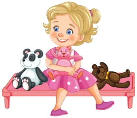 Poster Smiling girl sitting with stuffed animal toys © GraphicsRF