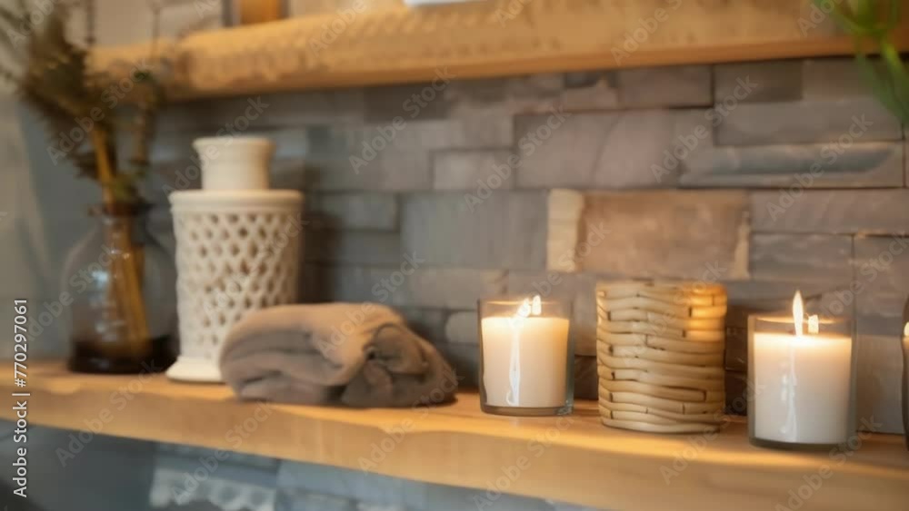 Wall mural serene bathroom retreat with a stone accent wall wooden shelves and bamboo candle holders for a calm