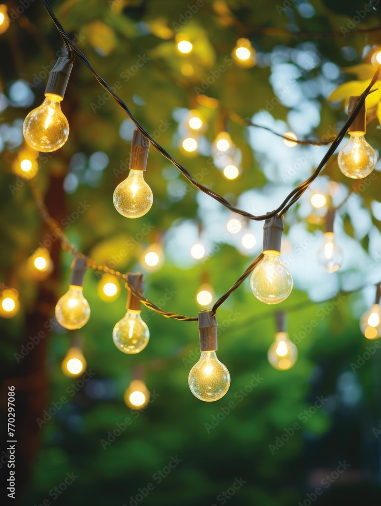 Poster a string of lights hanging from a tree. the lights are yellow and are lit up