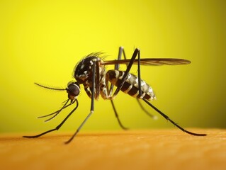 A mosquito is standing on a yellow surface. The mosquito is black and white in color