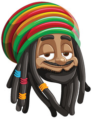 Smiling character with Rastafarian hat and dreadlocks.