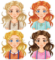 Four cartoon girls with different hairstyles and clothes.