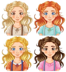 Crédence de cuisine en verre imprimé Enfants Four cartoon girls with different hairstyles and clothes.