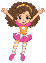 Happy cartoon girl jumping with arms raised