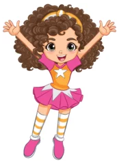 Fototapete Kinder Happy cartoon girl jumping with arms raised