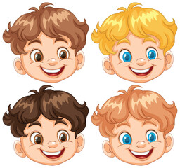 Four happy cartoon boys with different hairstyles