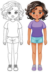 Vector illustration of a girl before and after coloring