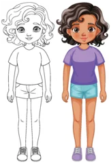 Rolgordijnen Vector illustration of a girl before and after coloring © GraphicsRF