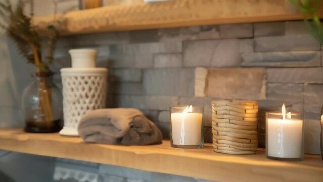 Serene bathroom retreat with a stone accent wall wooden shelves and bamboo candle holders for a calming ambience. . .