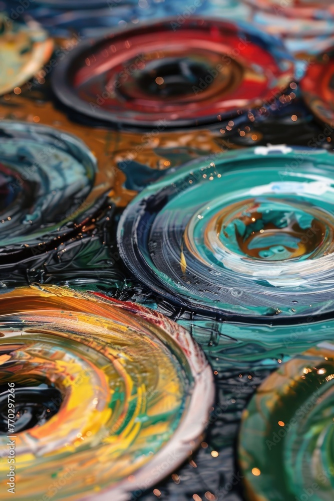 Poster a painting of many circles with different colors and sizes. the circles are all different shades of 