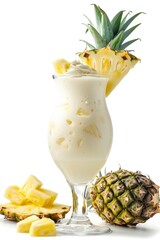 A glass of a white drink with a pineapple on top