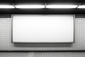 A large white billboard is hanging on the wall of a subway station. The billboard is empty, with no text or images on it