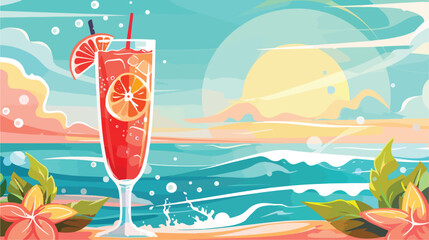 Vector summer background with cocktail and waves fl - obrazy, fototapety, plakaty