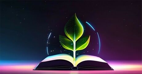 A digital futuristic book concept with a sprout growing from it .Modern illustration on a dark night background with light neon effects .