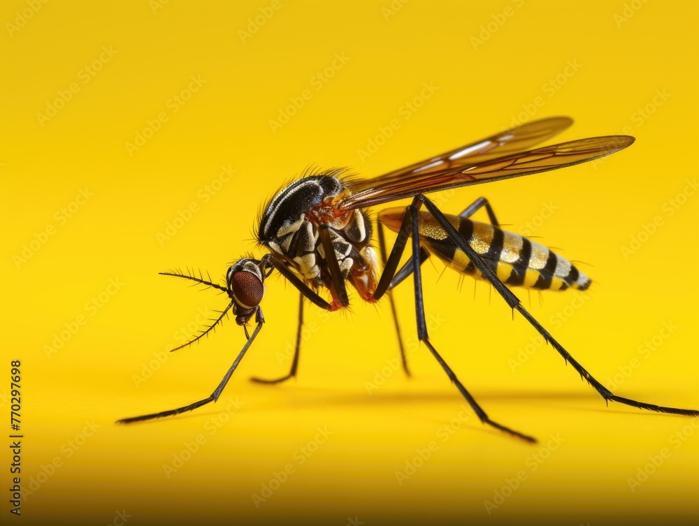 Poster a large yellow bug with black and red stripes on its body. it is a mosquito. the yellow background i