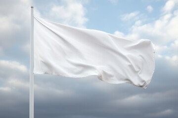 A white flag is blowing in the wind on a cloudy day. The flagpole is tall and the flag is large, making it stand out against the sky