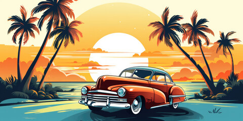 A vintage car is parked on a beach near palm trees. The scene is set at sunset, creating a warm and relaxing atmosphere
