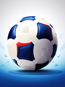 A soccer ball with blue and white stripes. The ball is the main focus of the image