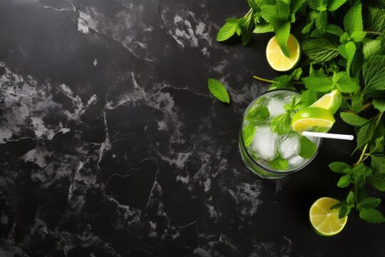 A glass of mint lemonade sits on a counter with a few sprigs of mint. The drink is garnished with a lime wedge and a straw. The image conveys a refreshing and healthy vibe, as the mint