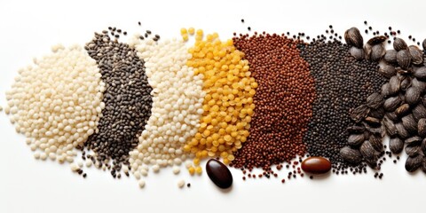 A variety of different colored and shaped seeds and nuts are spread out on a white background. Concept of abundance and diversity, as there are many different types of seeds and nuts present