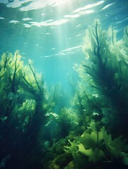 A beautiful underwater scene with green plants and fish. The sunlight is shining through the water, creating a serene and peaceful atmosphere