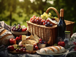 A basket of fruit and bread is laid out on a table. The basket contains apples, grapes, and bread. The table is covered with a blanket and a bottle of wine. Scene is relaxed and inviting