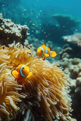 Fototapeta na wymiar Two orange and white fish are swimming in a coral reef. The fish are surrounded by a sea of green and yellow coral