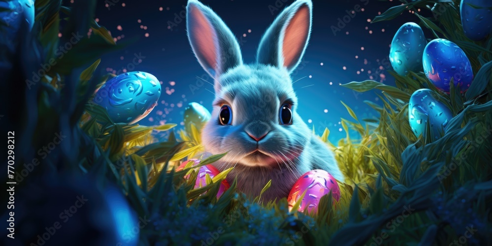 Poster a rabbit is in a field of easter eggs. the rabbit is looking at the camera. scene is lighthearted an