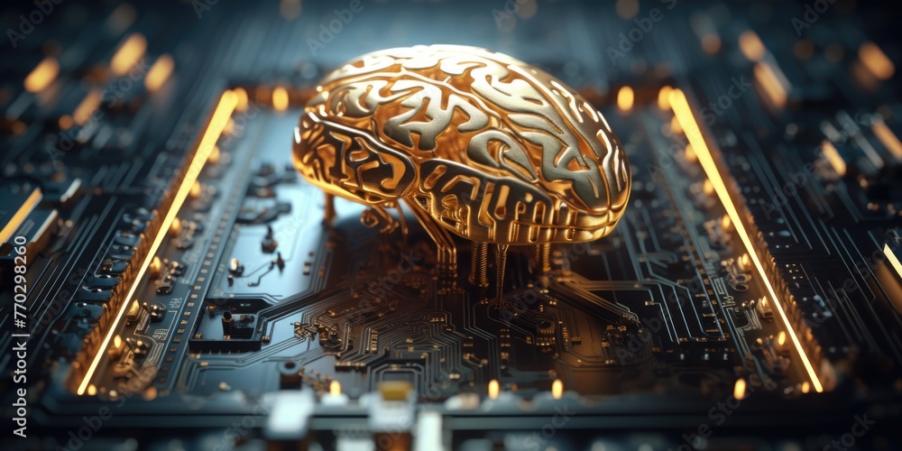 Poster a gold colored brain is on a black computer chip. the brain is surrounded by a lot of wires and circ