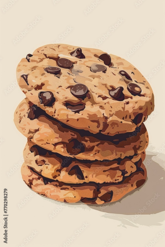 Poster a close up of a stack of chocolate chip cookies. the cookies are piled on top of each other, with th